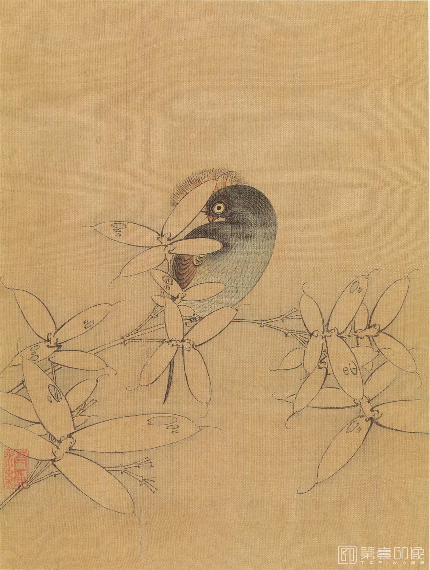 中国画 模写 陳洪綬［蓮の花と水鳥］絹本　肉筆 箱無し！ 花鸟册-009-陈洪绶(陈老莲)-水彩画作品-第壹印像